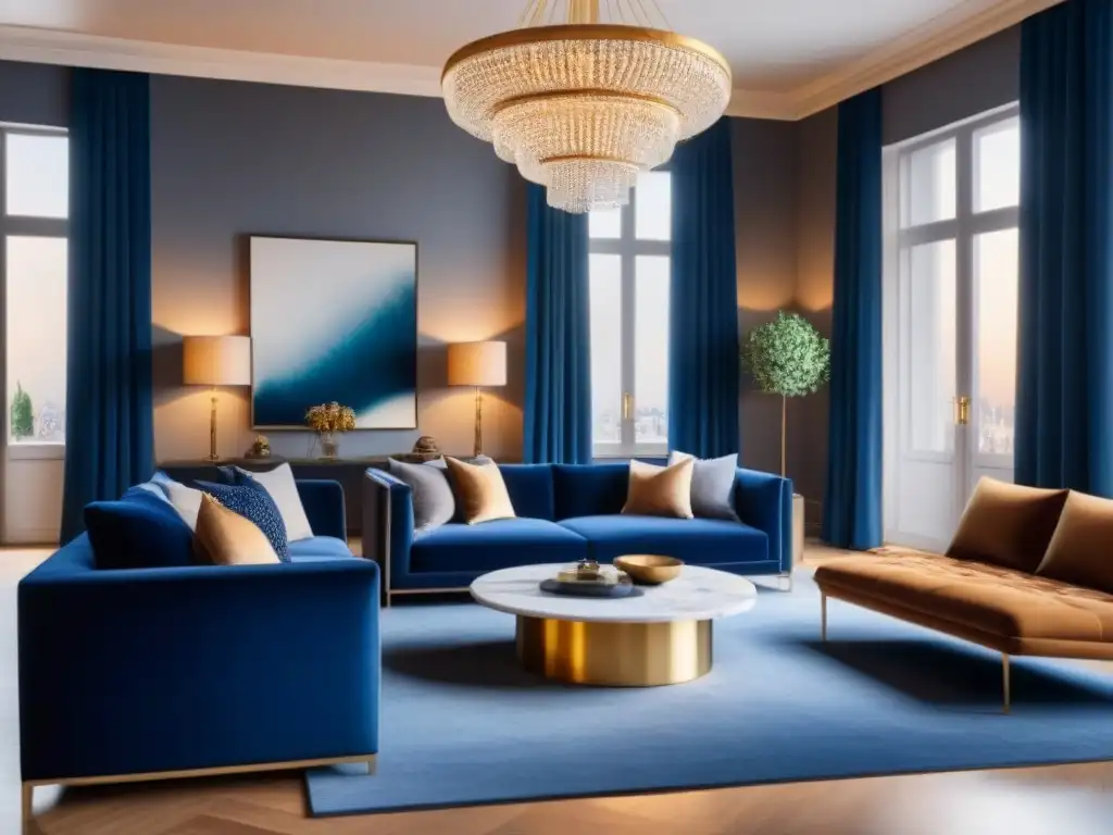 Elegante sala moderna en tonos azul marino y dorado Elegante sala moderna con paleta de colores sofisticada en azul, caramelo y detalles dorados
