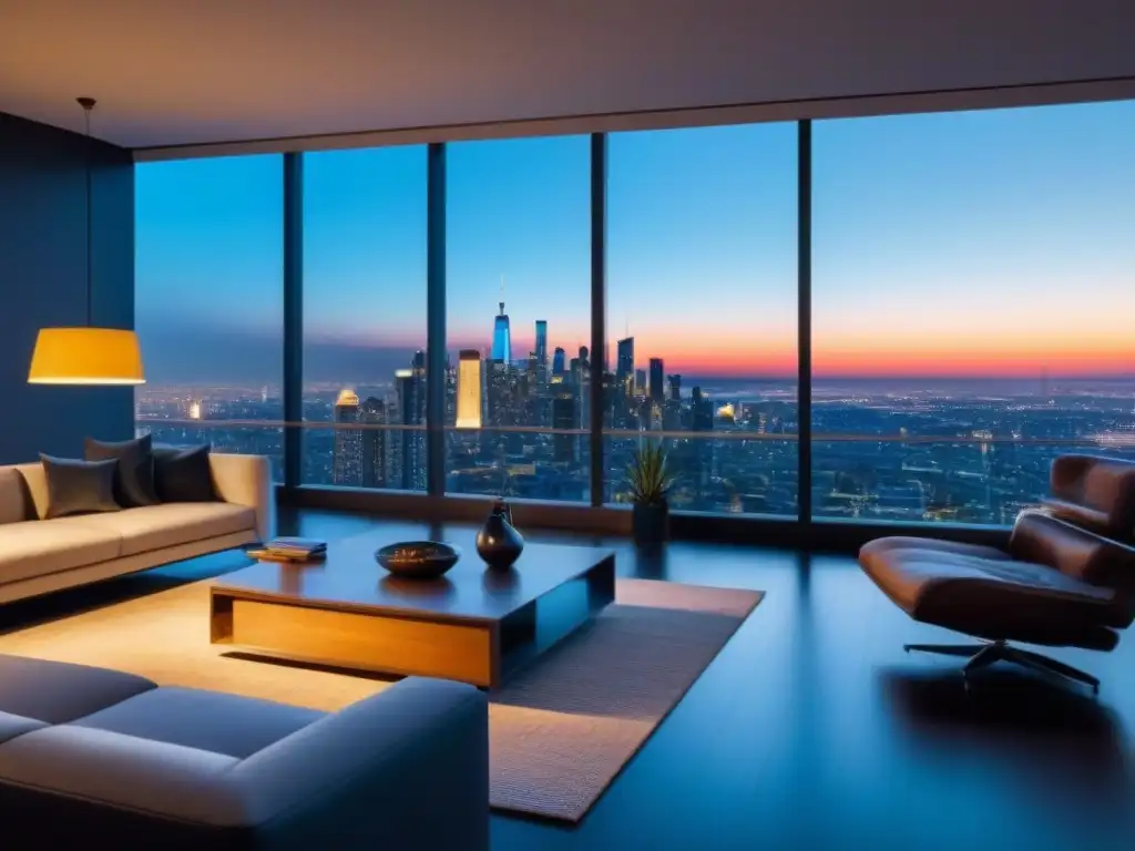 Salón de lujo con vista nocturna de la ciudad Elegante sala de estar moderna en propiedad de lujo, con vista nocturna de la ciudad