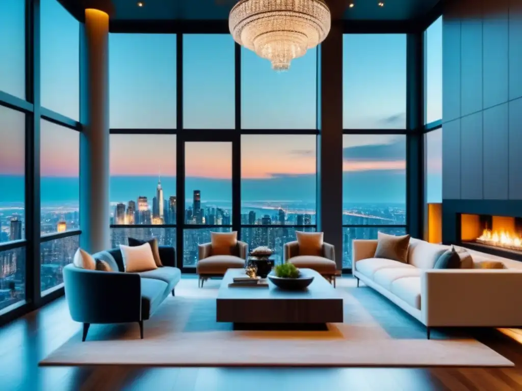 Sala de estar de lujo con vista panorámica a la ciudad Elegante sala de estar moderna en propiedad de lujo con vistas a la ciudad y muebles contemporáneos