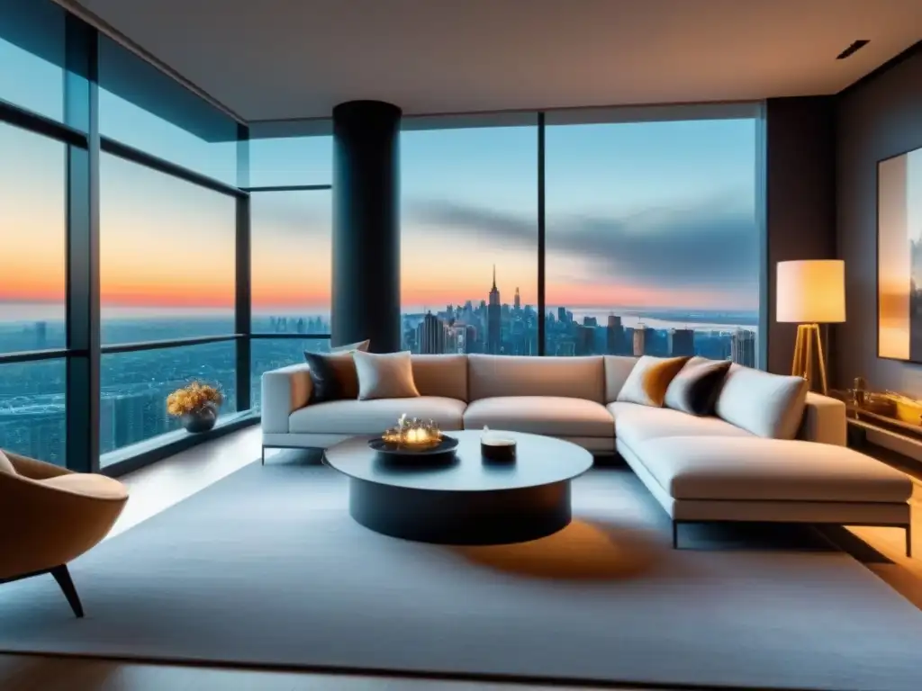 Sala de estar de lujo con vistas a la ciudad Elegante sala de estar moderna en propiedad de lujo con vista a la ciudad