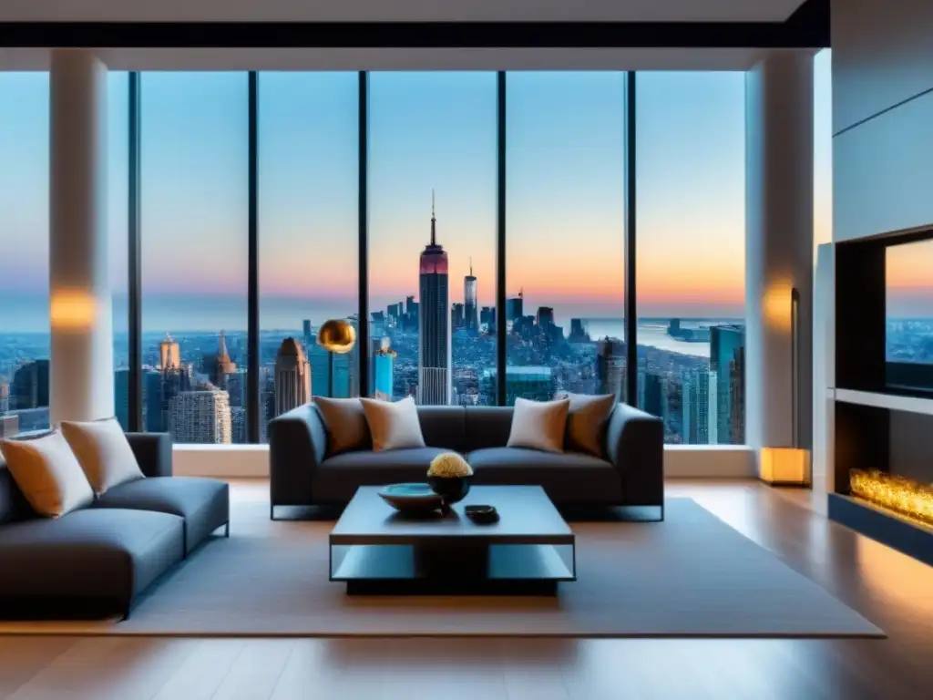Elegante sala de estar moderna en propiedad de alta gama con vista a la ciudad