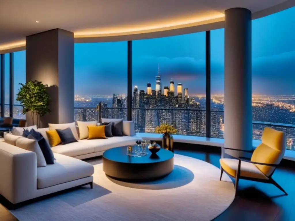 Salón de lujo con vista nocturna de la ciudad en propiedad exclusiva Elegante sala de estar moderna en propiedad de lujo con vista a la ciudad de noche