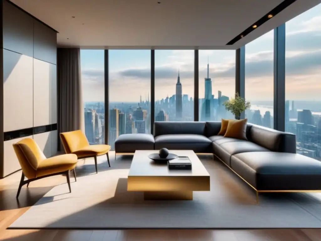 Suntuoso salón moderno en propiedad de lujo con vistas a la ciudad Elegante sala de estar moderna en propiedad de lujo con vista a la ciudad, decoración refinada y paleta de colores sofisticada