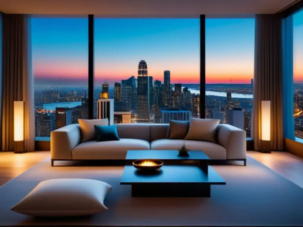 Sala de estar de lujo con vista nocturna de la ciudad Elegante sala de estar moderna en una propiedad de lujo con vista a la ciudad de noche