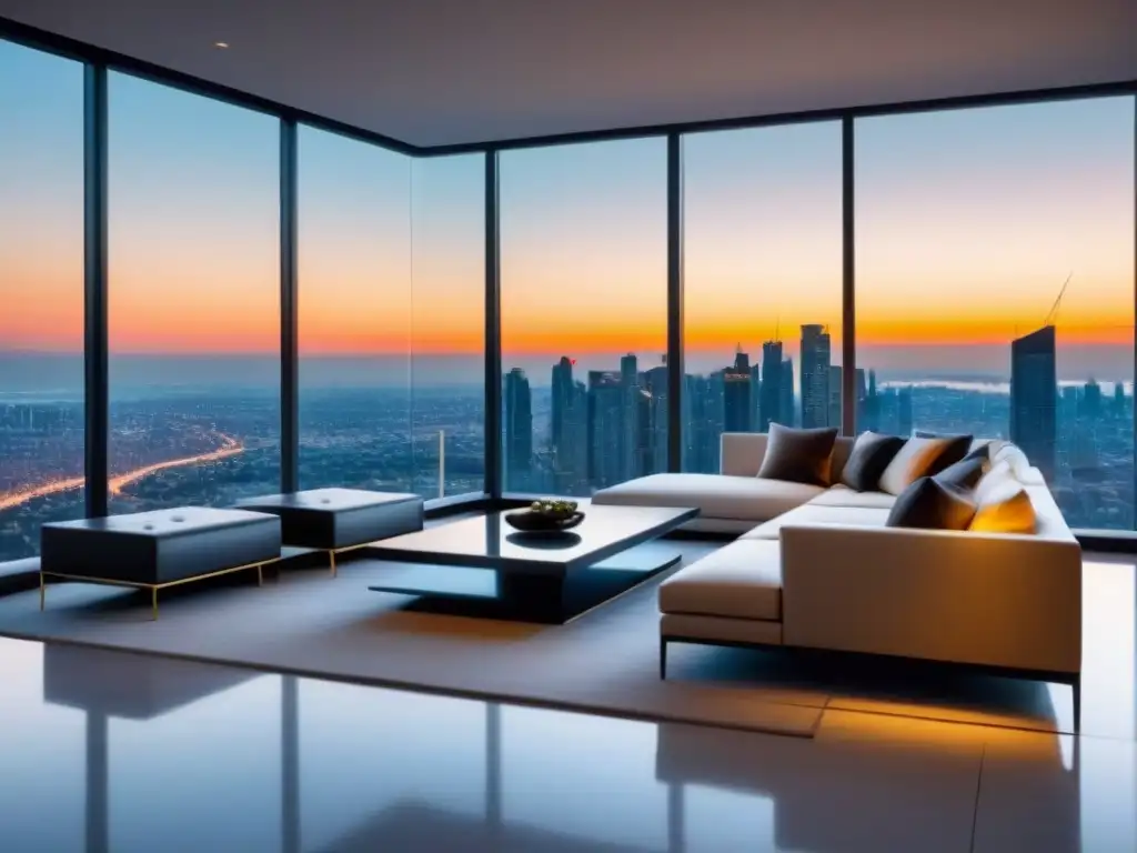 Salón de lujo con vistas panorámicas al atardecer en propiedad exclusiva Elegante sala de estar moderna en propiedad de lujo con vista panorámica de la ciudad al atardecer, ideal para negociar compra propiedades zonas lujo