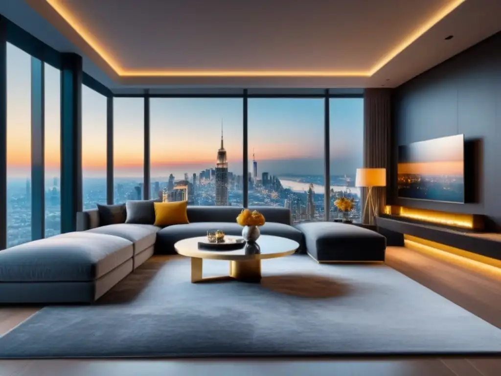 Salón de lujo con vista nocturna de la ciudad Elegante sala de estar moderna en tonos de gris, blanco y oro, con iluminación ambiental suave y una vista panorámica nocturna de la ciudad