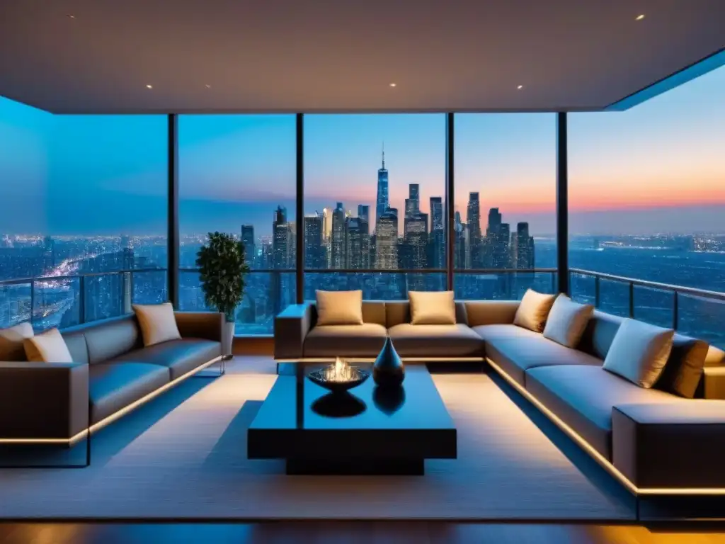 Sala de estar de lujo con vista panorámica al anochecer Elegante sala de estar moderna con vista a la ciudad al atardecer