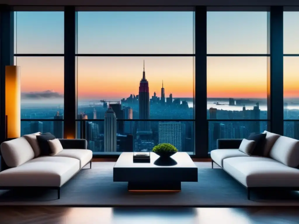 Salón de lujo con vistas a la ciudad, mobiliario contemporáneo y elegante Elegante sala de estar moderna con vista a la ciudad, muebles de diseño y ambiente lujoso