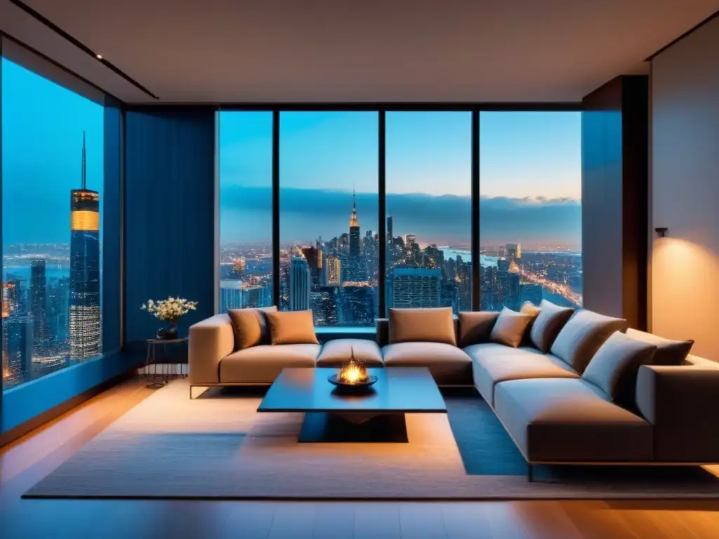 Salón de lujo con vista a la ciudad al atardecer Elegante sala de estar moderna con vista a la ciudad al atardecer
