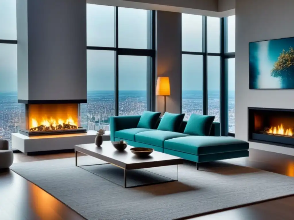 Salón de lujo con vistas panorámicas y elegante mobiliario Elegante sala de estar moderna con vista panorámica a la ciudad, muebles lujosos y chimenea