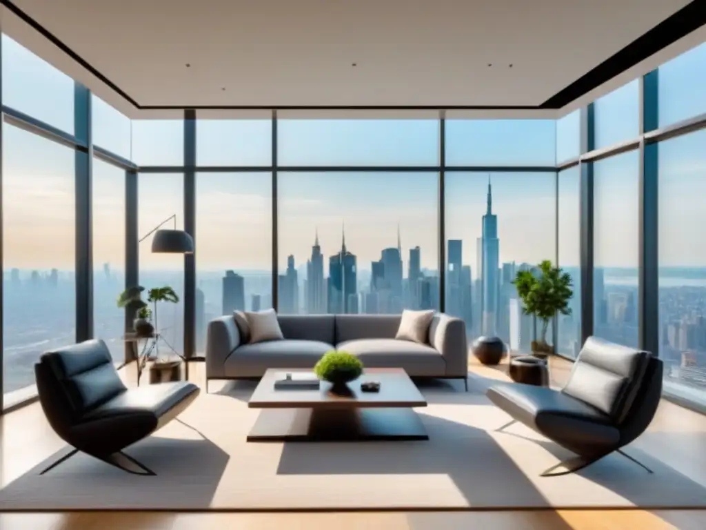 Salón moderno de lujo con vistas a la ciudad Elegante sala de estar moderna con vista a la ciudad y toques de naturaleza, ideal para inversores inmobiliarios
