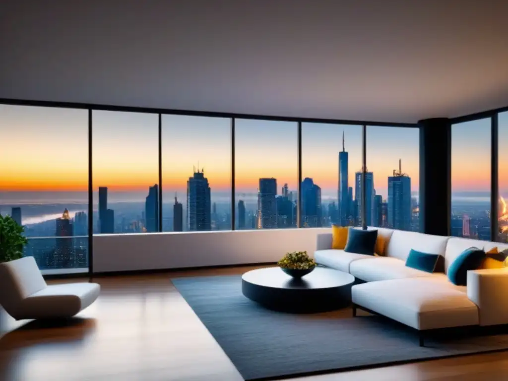 Lujoso salón moderno con vistas a la ciudad y decoración contemporánea Elegante sala moderna con vista a la ciudad y decoración contemporánea, para una experiencia de Marketing Inmobiliario con Realidad Virtual
