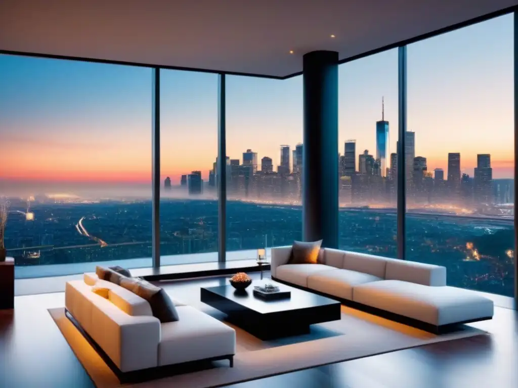 Sofisticada sala de estar urbana con vista panorámica al atardecer Elegante sala de estar moderna con vista panorámica a la ciudad al anochecer