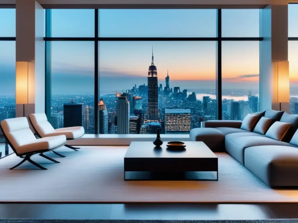 Sofisticado salón urbano con vistas a la ciudad Elegante sala de estar moderna con vista a la ciudad