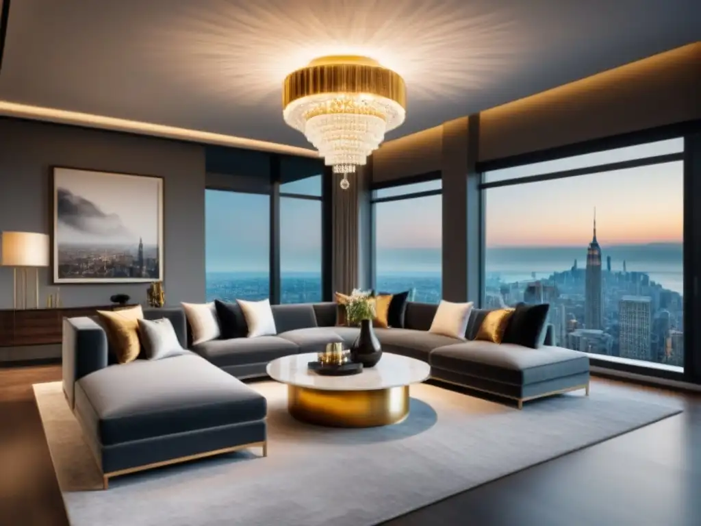 Salón de lujo con vista panorámica y elegancia contemporánea Elegante sala de estar moderna con vista panorámica a la ciudad, mobiliario lujoso y paleta de colores sofisticada en gris, blanco y toques de oro