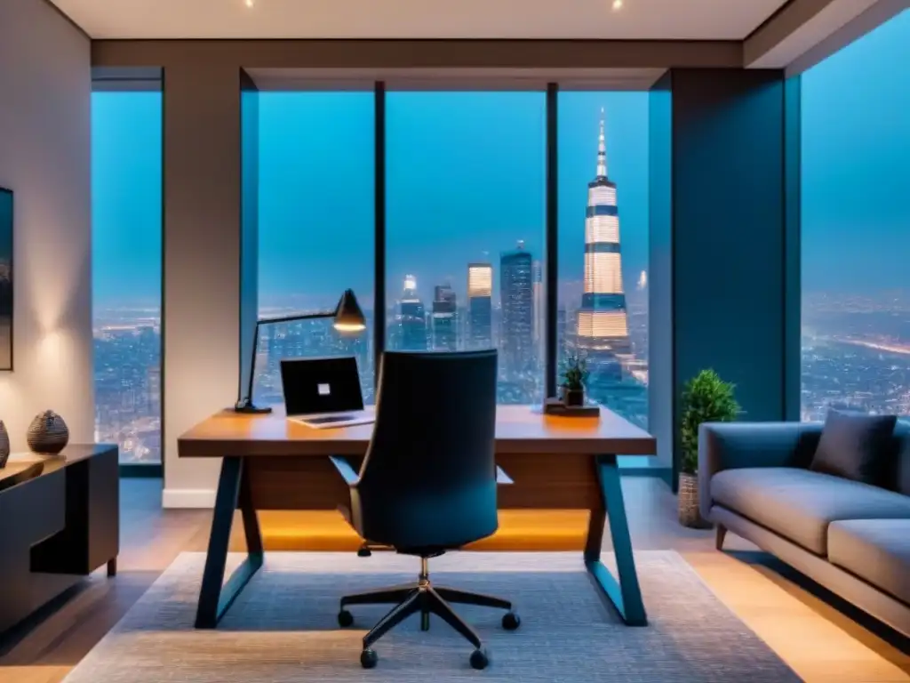 Salón de lujo con oficina elegante y vista nocturna de la ciudad Elegante sala de estar moderna con vista nocturna de la ciudad