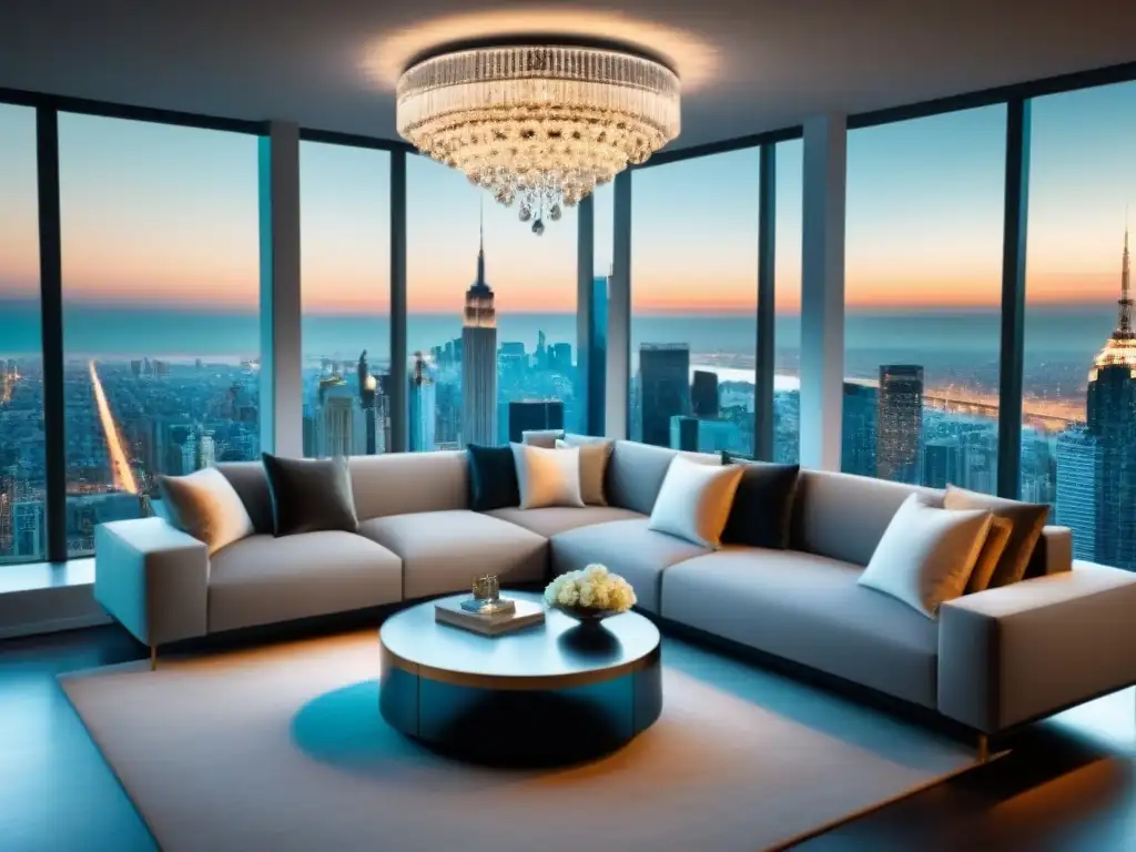 Elegante sala de estar moderna con vista a la ciudad y tonos de grises, blancos y metálicos