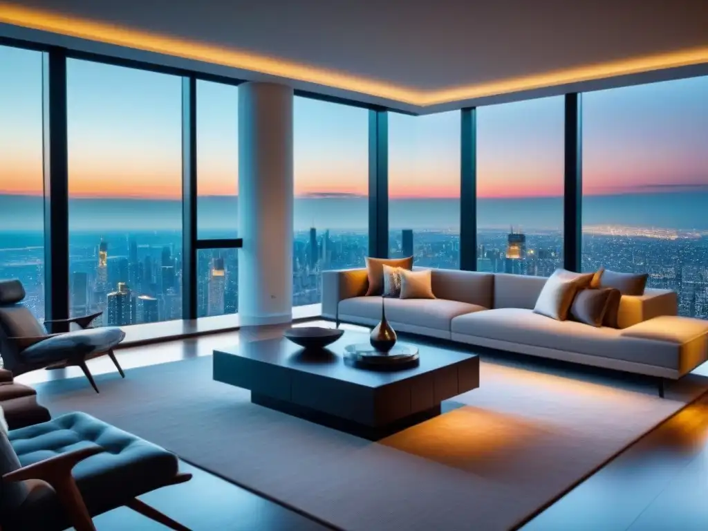 Sala de estar de lujo con vistas urbanas y diseño contemporáneo Elegante sala de estar en una propiedad de alta gama con vista urbana