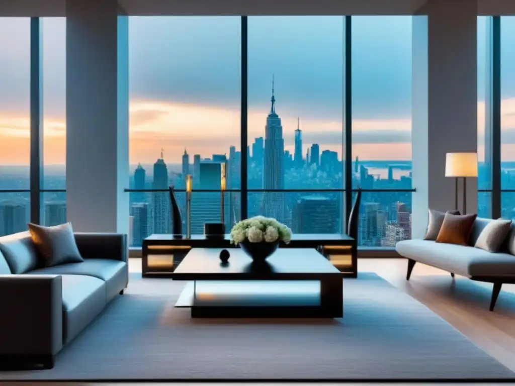 Salón de lujo con vista a la ciudad: elegancia y sofisticación Elegante sala de estar en propiedad de lujo con vista a la ciudad