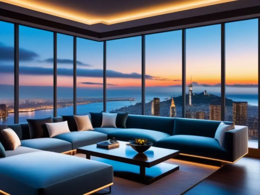 Sofisticada sala de estar de lujo con vista nocturna Elegante sala de estar en propiedad de lujo con vista nocturna urbana, iluminación ambiental y diseño sofisticado