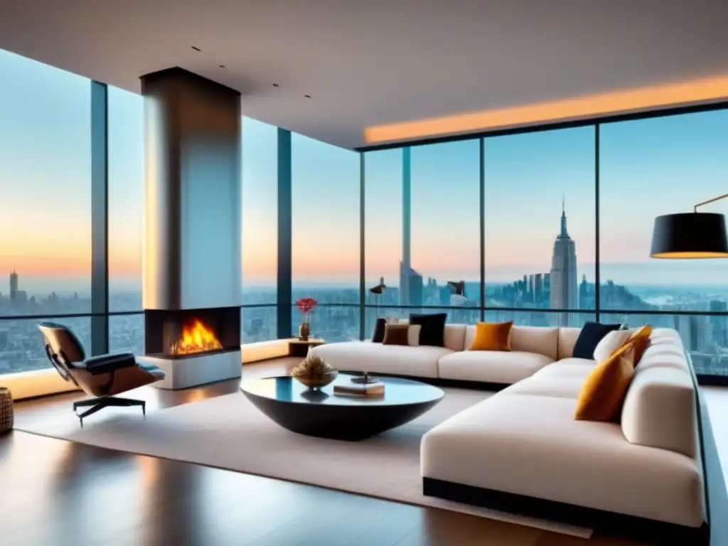 Salón de lujo con vistas urbanas: diseño moderno y elegante Elegante sala de estar en propiedad de lujo con vistas a la ciudad, mobiliario de diseño y arte contemporáneo, bañada en luz natural