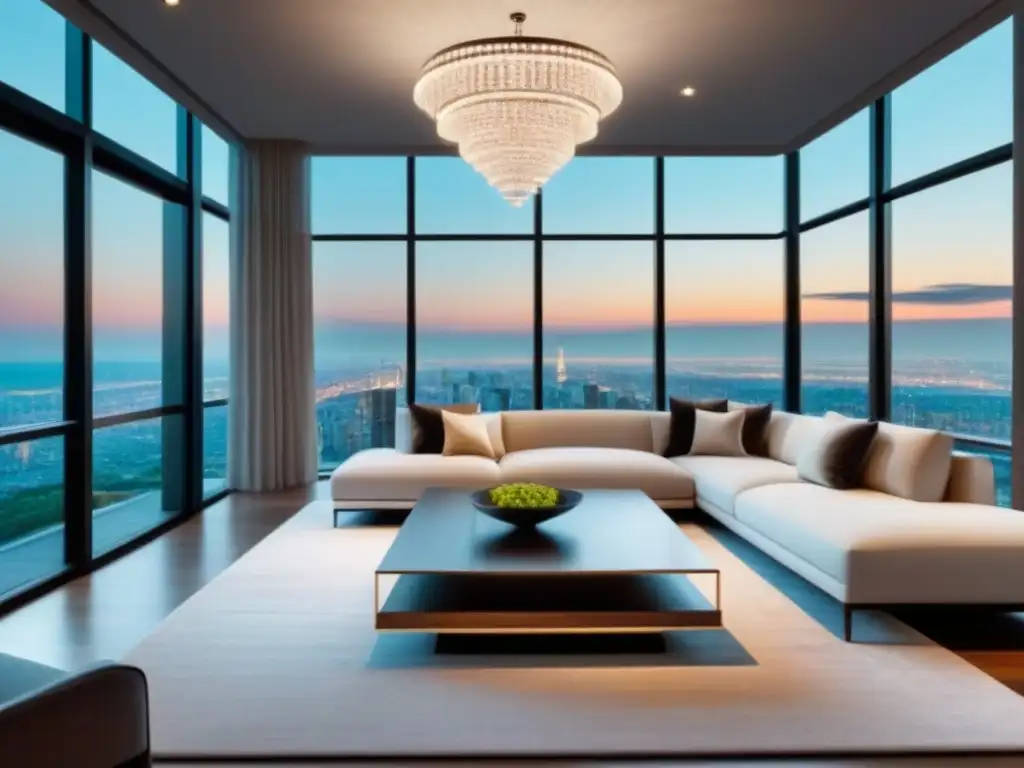 Sofisticada sala de estar de lujo en propiedad inmobiliaria premium Elegante sala de estar en propiedad premium, con vista a la ciudad y lujosos detalles