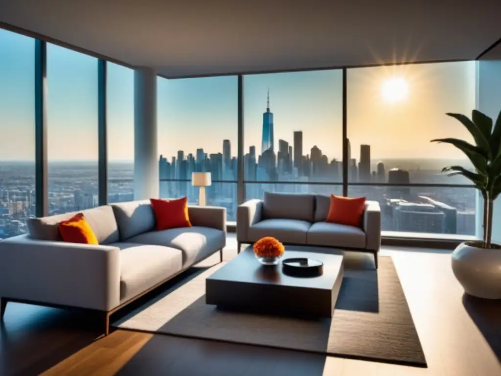 Elegante sala de estar en un rascacielos con vista panorámica de la ciudad, ideal para inversores inmobiliarios con Préstamos FHA