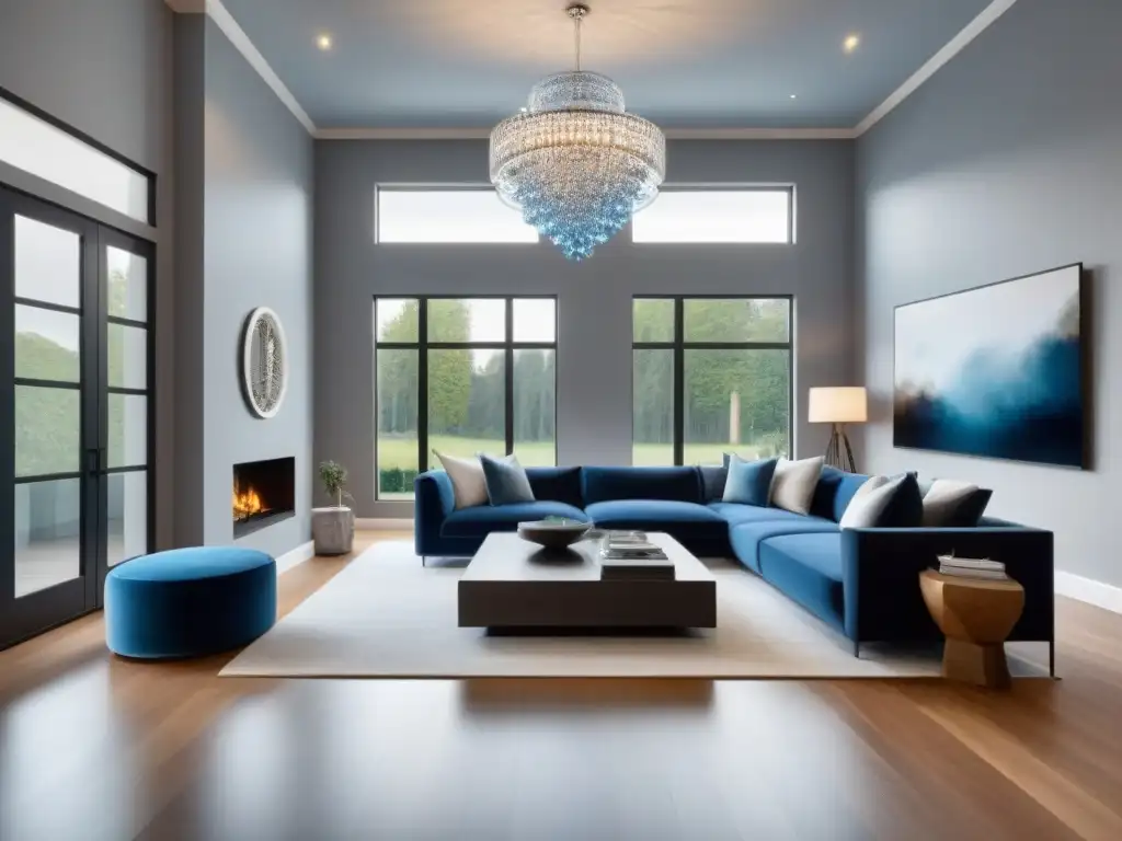 Salón de lujo renovado: sofisticación y potencial de inversión Elegante sala de estar renovada con muebles modernos, decoración elegante y ventanales