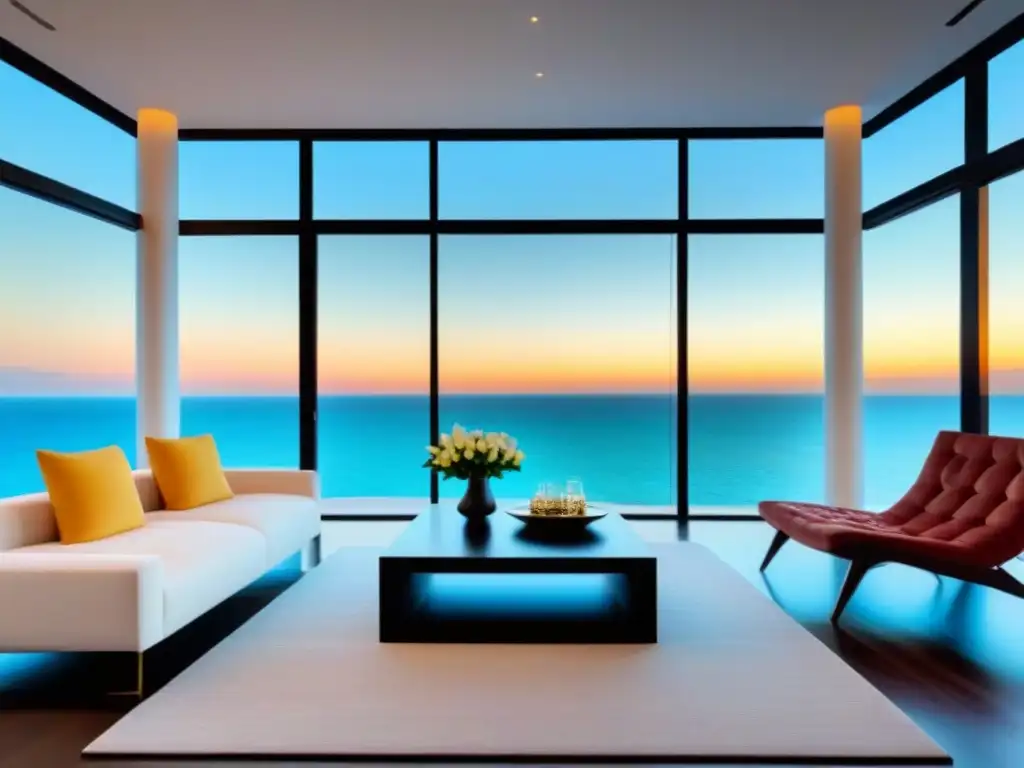 Elegante sala de estar en segunda vivienda con vista al mar y mobiliario moderno