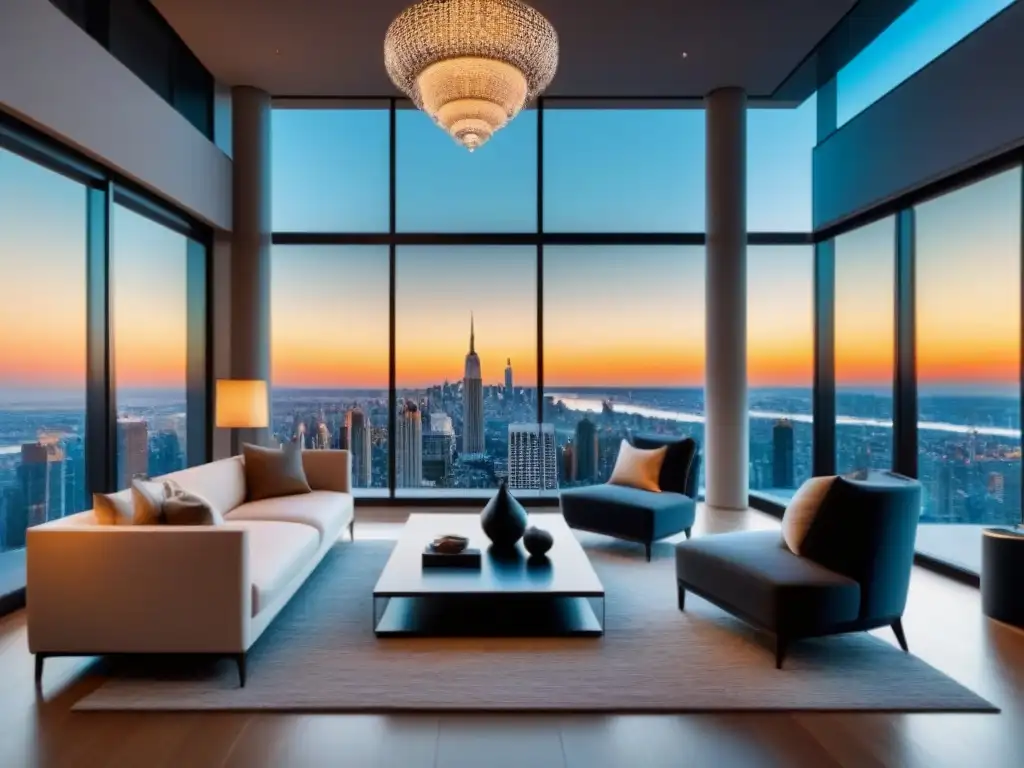 Sala de estar de lujo con vistas panorámicas al atardecer Elegante sala de estar con vista a la ciudad al atardecer, ideal para hablar de financiamiento inmobiliario inversiones razones