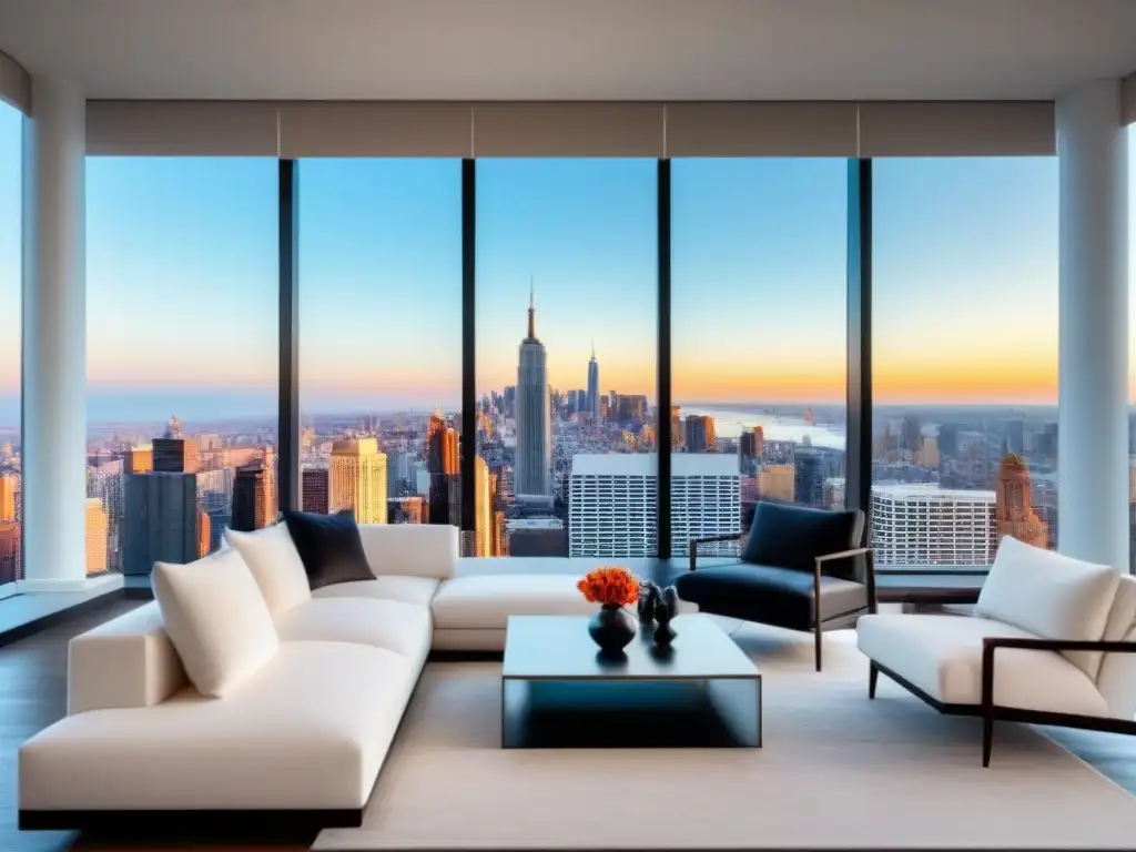 Sala de estar de lujo con vistas a la ciudad Elegante sala de estar con vista a la ciudad desde ventanas de piso a techo