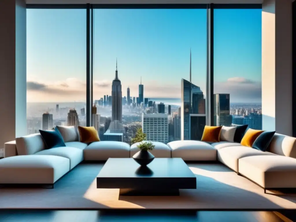 Salón de lujo con vistas panorámicas a la ciudad Elegante sala de estar con vista a la ciudad, amueblada con lujo y sofisticación