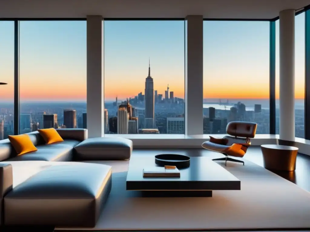 Salón moderno con vista panorámica: diseño elegante y lujoso Elegante sala de estar con vista a la ciudad, muebles modernos y toques de lujo