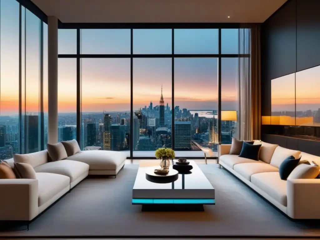 Sala de estar de lujo con vistas a la ciudad al atardecer Elegante sala con vista a la ciudad al atardecer