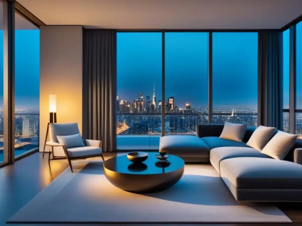 Salón moderno de lujo con vista nocturna en rascacielos Elegante sala de estar con vista nocturna a la ciudad en un apartamento de lujo, estrategias retargeting mercado inmobiliario