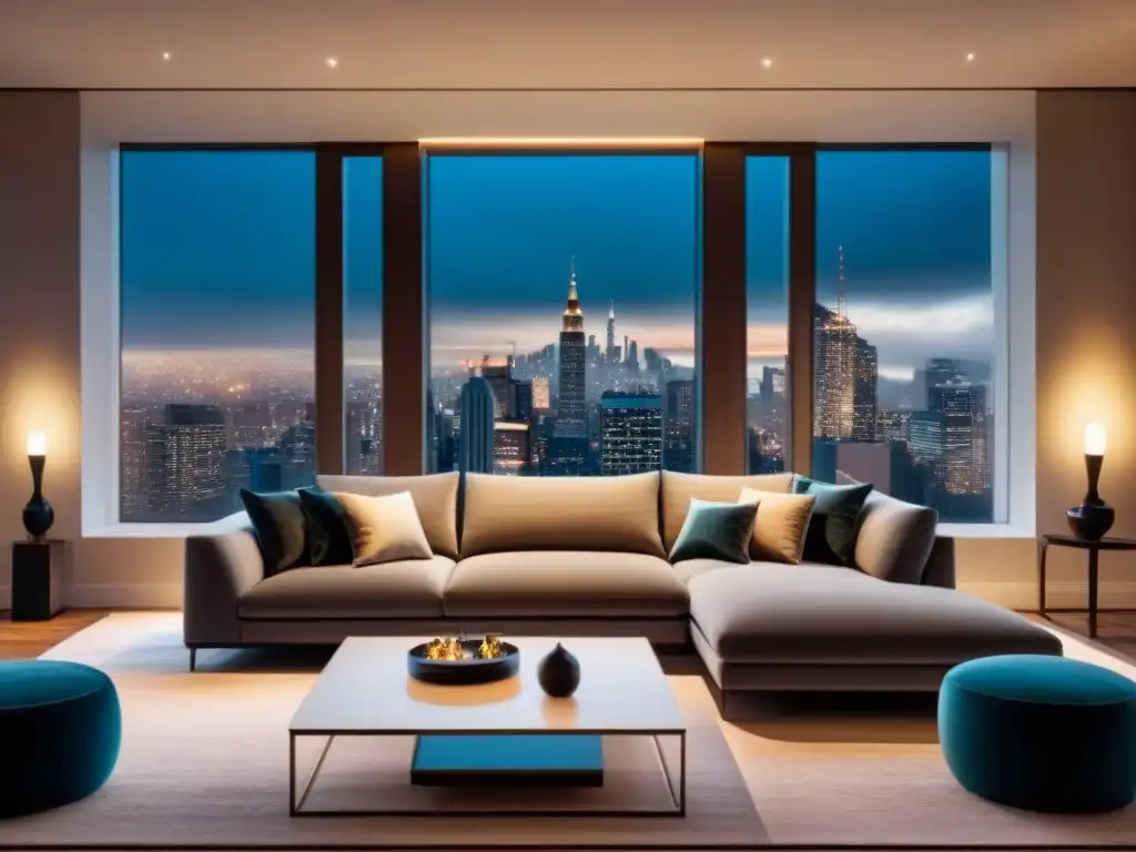 Salón moderno con vista nocturna de la ciudad Elegante sala con vista nocturna a la ciudad, ideal para relajarse, con muebles contemporáneos y tasas interés préstamos FHA inmobiliarios