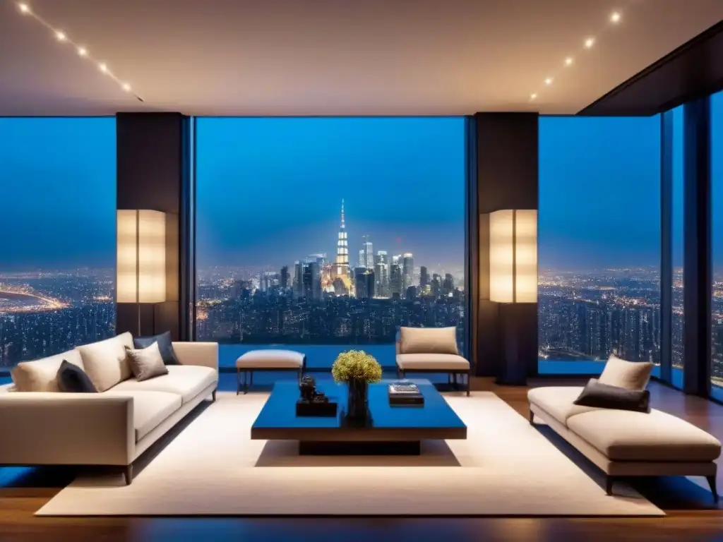 Sala de estar de lujo con vistas nocturnas a la ciudad Elegante sala de estar con vista nocturna de la ciudad