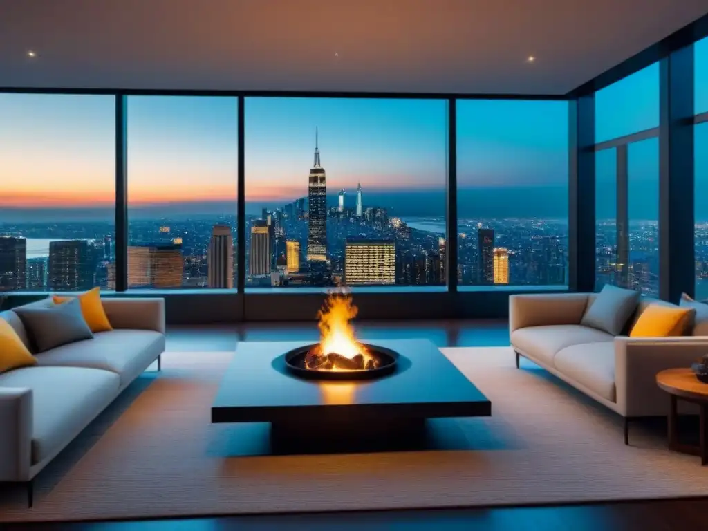 Salón moderno de lujo con vista urbana al atardecer Elegante sala de estar con vista urbana al atardecer, tasas de interés préstamos hipotecarios