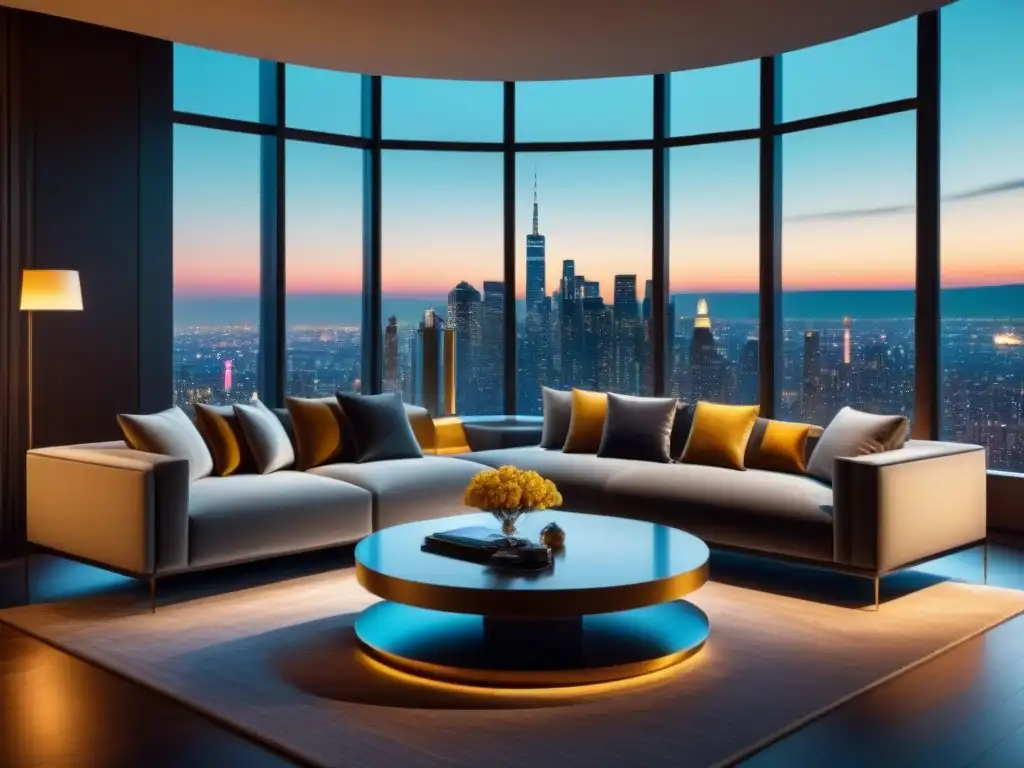 Sofisticado salón de lujo en apartamento de altura con vista nocturna Un elegante salón de lujo en un apartamento de altura con vista a la ciudad de noche, refinado y lujoso