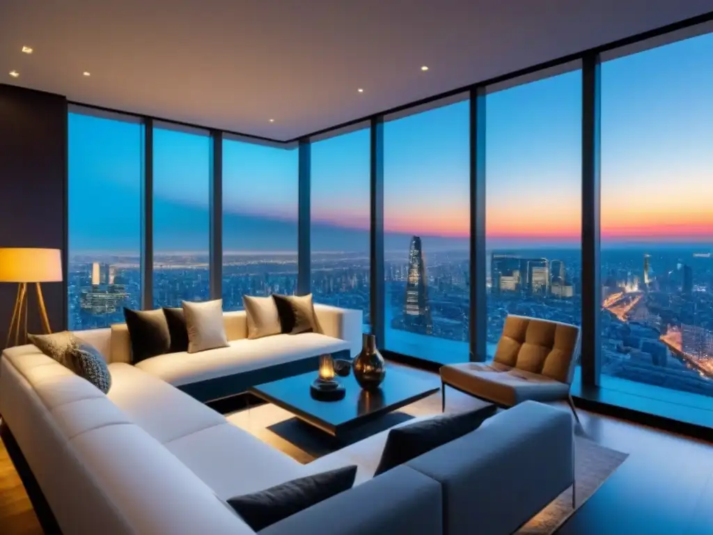 Penthouse moderno con vista nocturna de la ciudad Elegante salón de lujo en ático con vistas nocturnas a la ciudad, en las mejores condiciones para refinanciar un inmueble de lujo