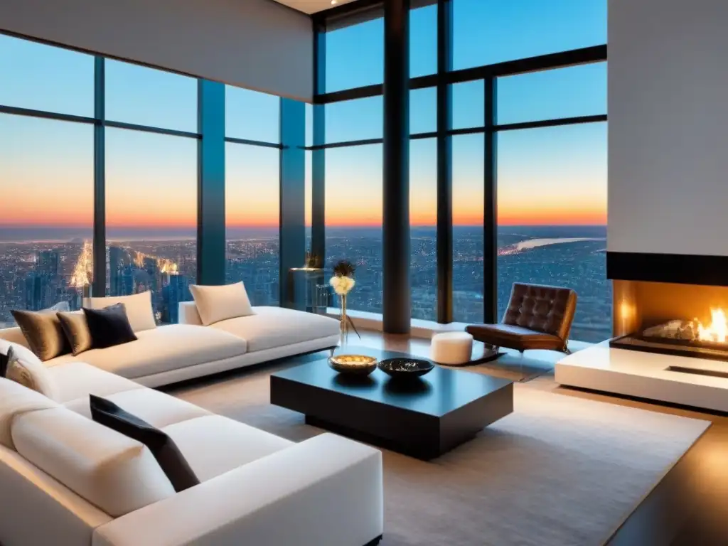 Sala de estar de lujo en penthouse con vista a la ciudad Un elegante salón de lujo en un ático de alto standing con vistas panorámicas a la ciudad