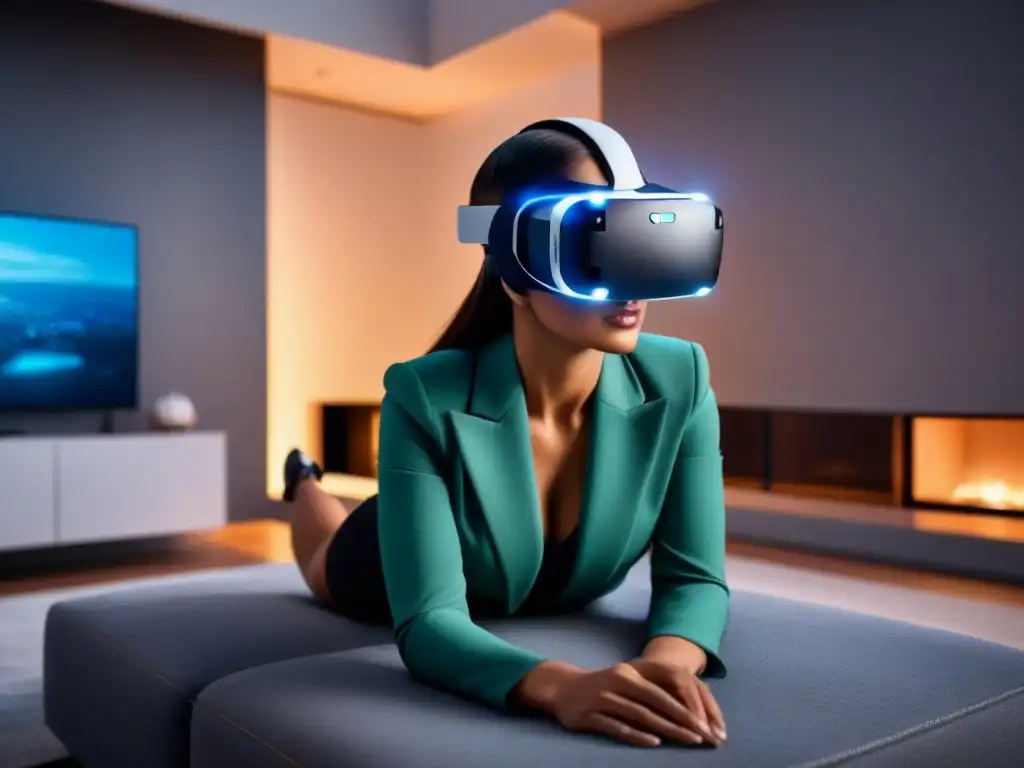 Innovador casco de realidad virtual en sala futurista Un elegante salón minimalista con auriculares de realidad virtual flotando