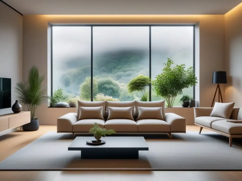 Salón minimalista: elegancia y tranquilidad con vistas al jardín Un elegante salón minimalista con muebles modernos y vista a un jardín sereno