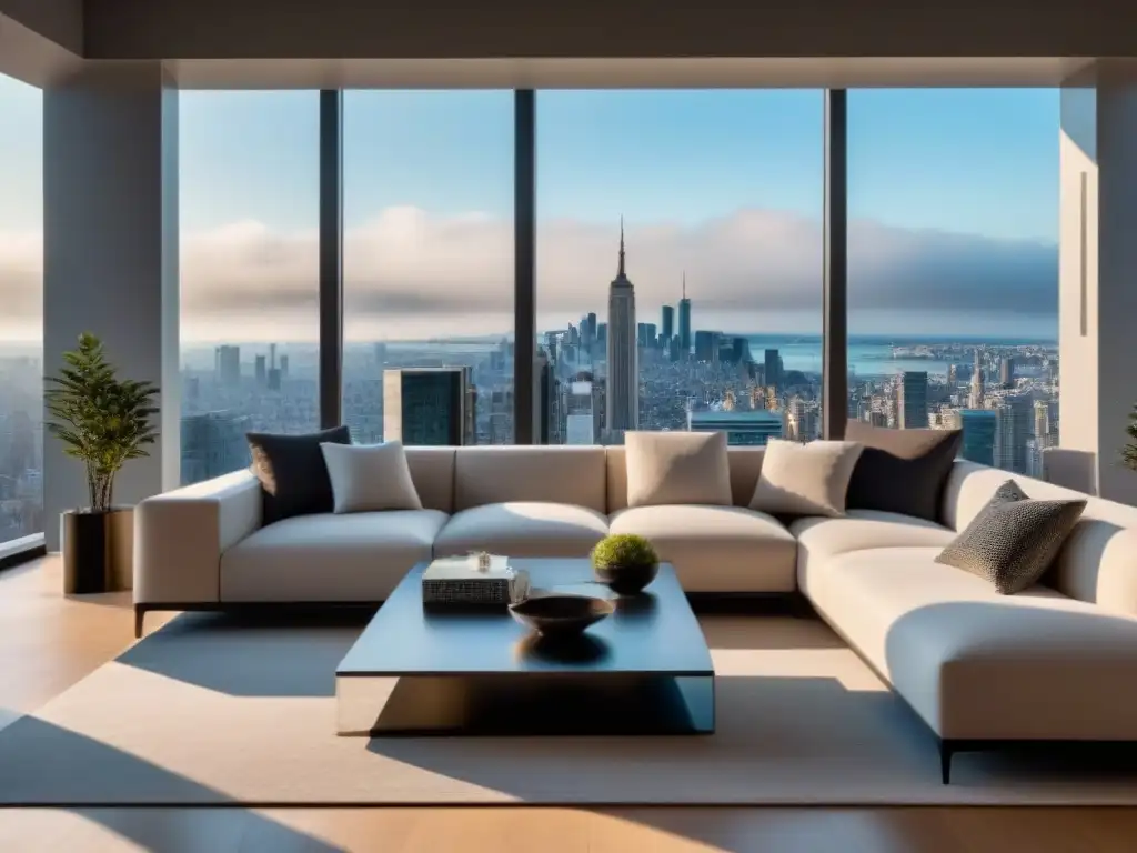 Sala de estar de lujo en penthouse: diseño elegante con vistas panorámicas Un elegante salón moderno en un ático de lujo, con muebles minimalistas y arte seleccionado