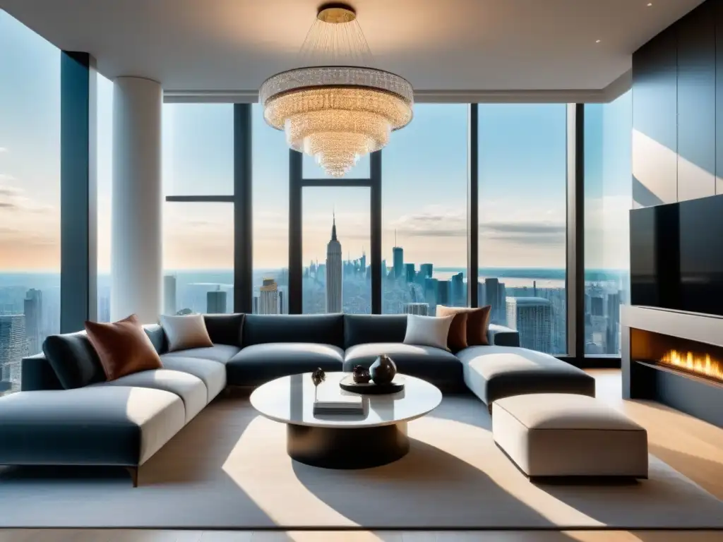 Un elegante salón moderno en un ático urbano de lujo, con ventanales y vistas a la ciudad