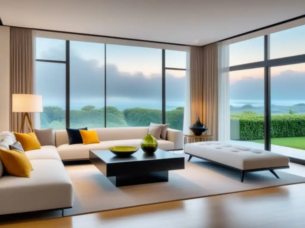 Salón moderno de lujo: diseño minimalista y elegante Un elegante salón moderno con diseño minimalista y muebles elegantes, iluminado por luz natural