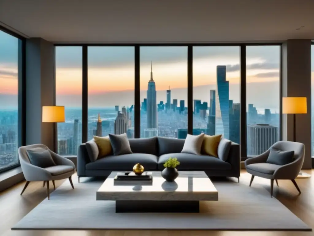 Sofisticada sala de estar moderna con vistas a la ciudad Un elegante salón moderno con sofá gris, mesa de café de mármol y vistas a la ciudad