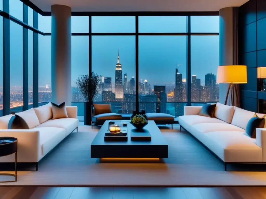 Salón de lujo con vista urbana en penthouse de diseño Un elegante salón moderno en un lujoso ático urbano con vista a la ciudad, decorado con muebles de diseño y una iluminación ambiental, creando una atmósfera sofisticada e acogedora
