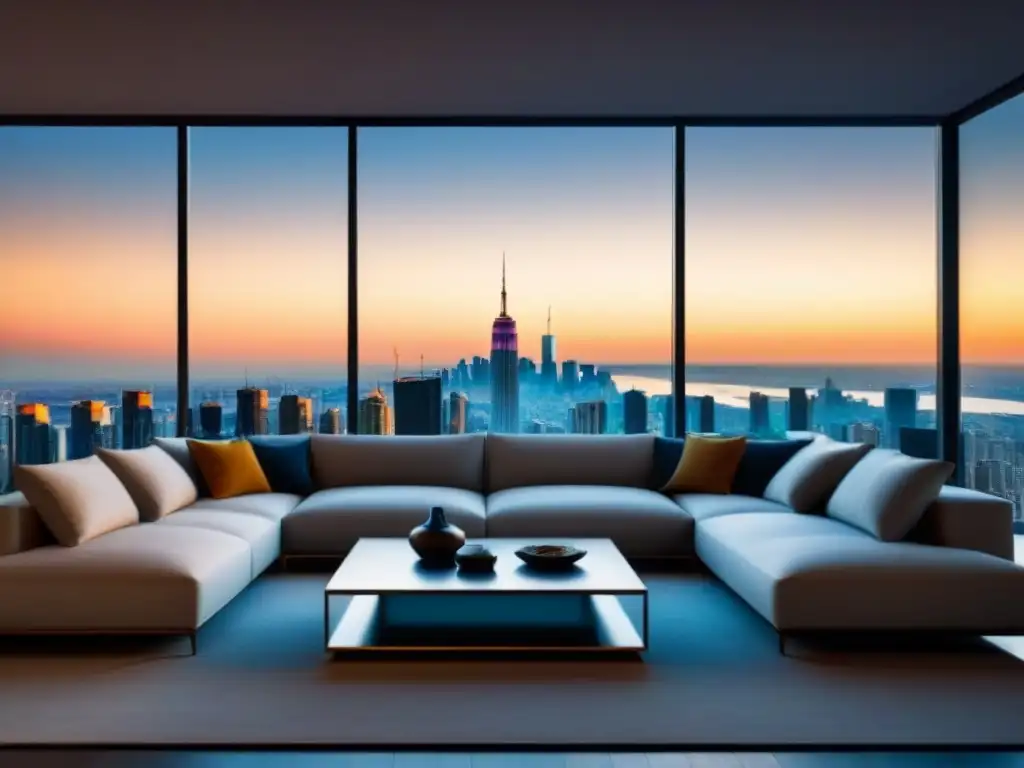 Sofisticada sala de estar con sofá jumbo y vista urbana al atardecer Un elegante salón moderno con un lujoso sofá oversized, decoración elegante y grandes ventanas que muestran el impresionante horizonte de la ciudad al anochecer, encarnando la esencia de la vida de lujo y aspiraciones financieras para calificar para un préstamo jumbo