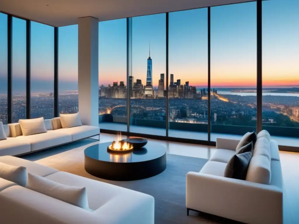 Penthouse urbano de lujo con vista panorámica al atardecer Un elegante salón moderno en un lujoso ático urbano con ventanales de piso a techo que muestran una impresionante panorámica de la ciudad al anochecer